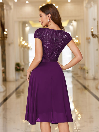 Y82016 Elegant Women's Glitter Sequin Chiffon A-Line Bridesmaid Dress with Cap Sleeves & Ruffled Hem - Sparkling Wedding Party Dress for Bridesmaids, Prom, Birthday, Formal Evening Gown - Machine Washable Chiffon