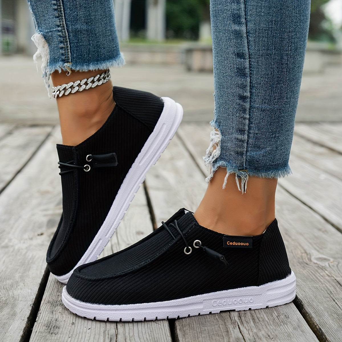 [Sneakers] Ceduoouo Women'S Casual Slide Bushing Skateboard Sneaker, Solid Color, Non-Slip Slip Mat, Four Seasons Comfortable, Fabric Upper And Inner, Breathable Insole