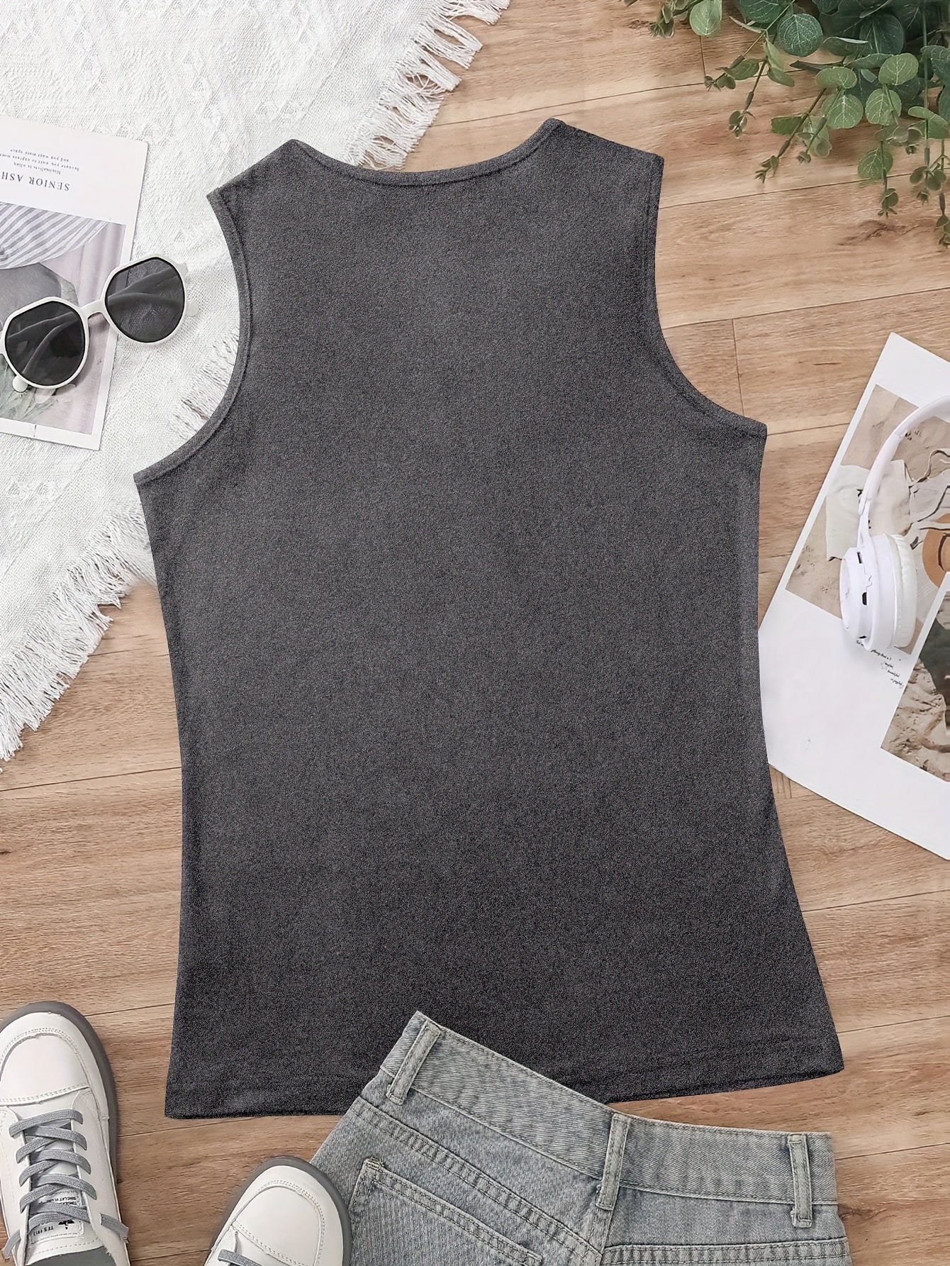 Women's Sleeveless Casual Vest-"Nana" Floral Letter Print& Ring Details Dark Gray Round Neck Summer Top, Machine Washable Lightweight and Durable Four Seasons Clothing, Decorative Print, Durable Fabric