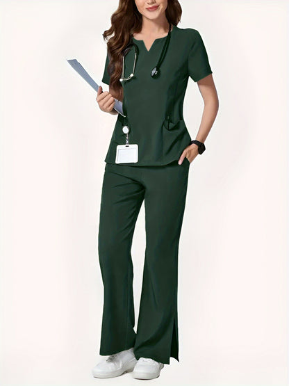 Two-Piece Easy And Comfortable Breathable Brushing Gloves Set for Work Uniforms, V-Neck Short-Sleeved Front-Pocket Comfortable Top And Slit Straight-Leg Trousers, All-Season Wear, Perfect for Healthcare, Dental, And Pet Hospital Professionals