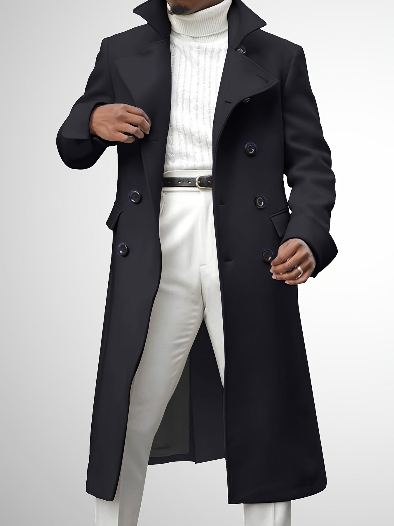 Men's Notch Lapel Long Trench Coat - Casual Insulated Winter Peacoat Classic Double Breasted Overcoat Solid Winter Coat -  Wool Blend - For Men - Suitable for Winter - Perfect Gift for Men