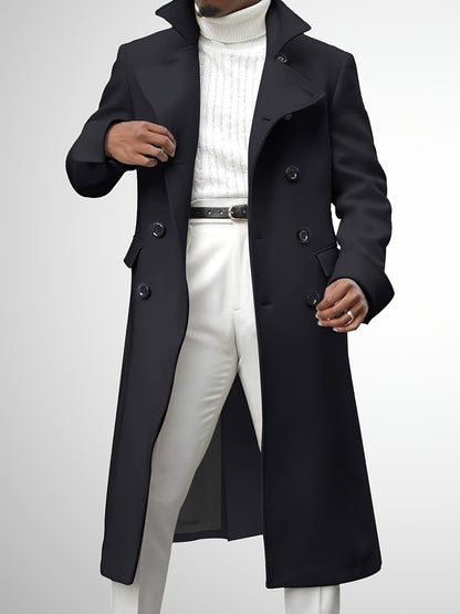Men's Notch Lapel Long Trench Coat - Casual Insulated Winter Peacoat Classic Double Breasted Overcoat Solid Winter Coat -  Wool Blend - For Men - Suitable for Winter - Perfect Gift for Men