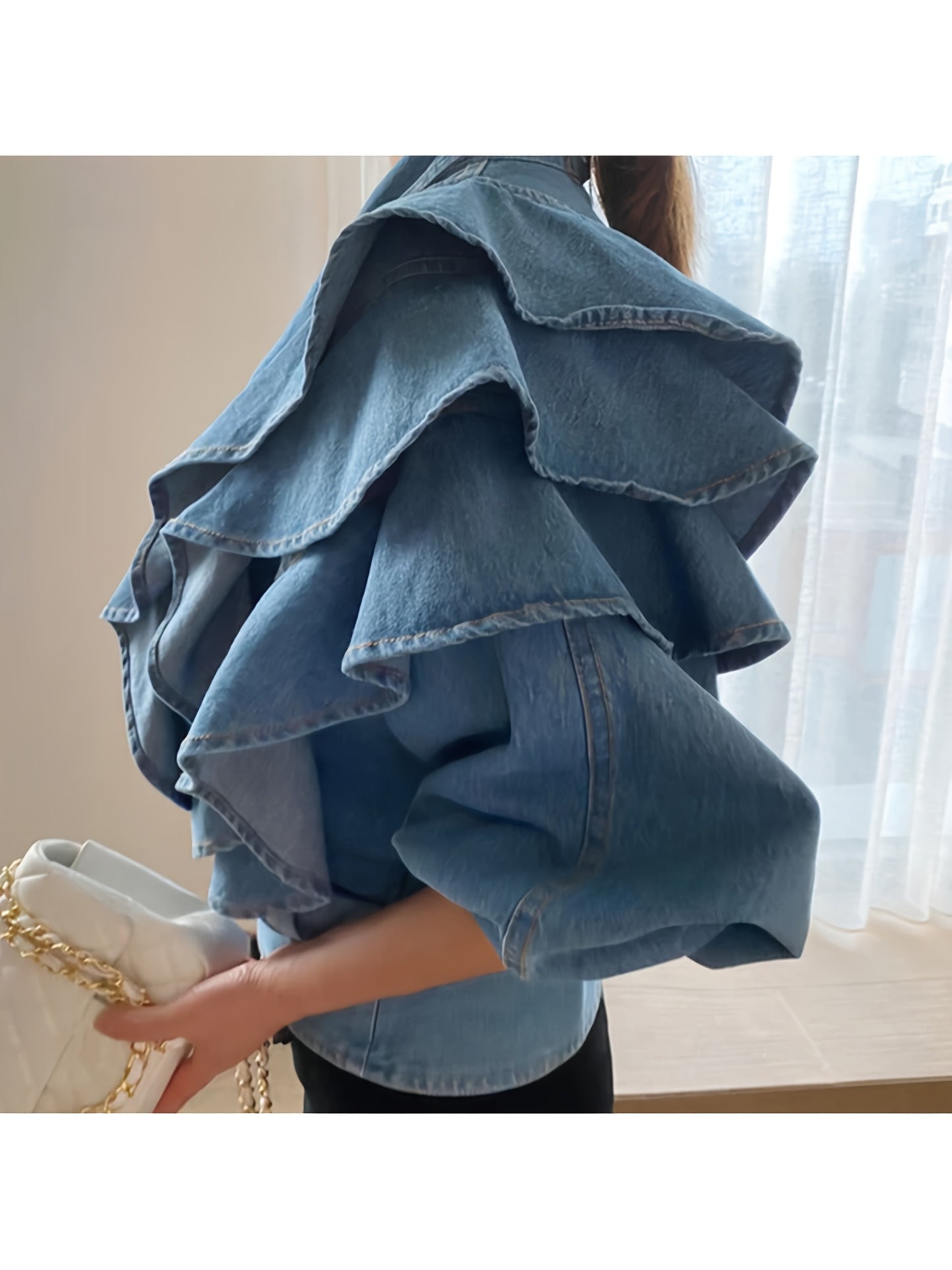 Women'S Washed Light Blue V-Neck Cropped Denim Jacket, Design Sense Ruffled Long Sleeve Waist Cinched Denim Cardigan