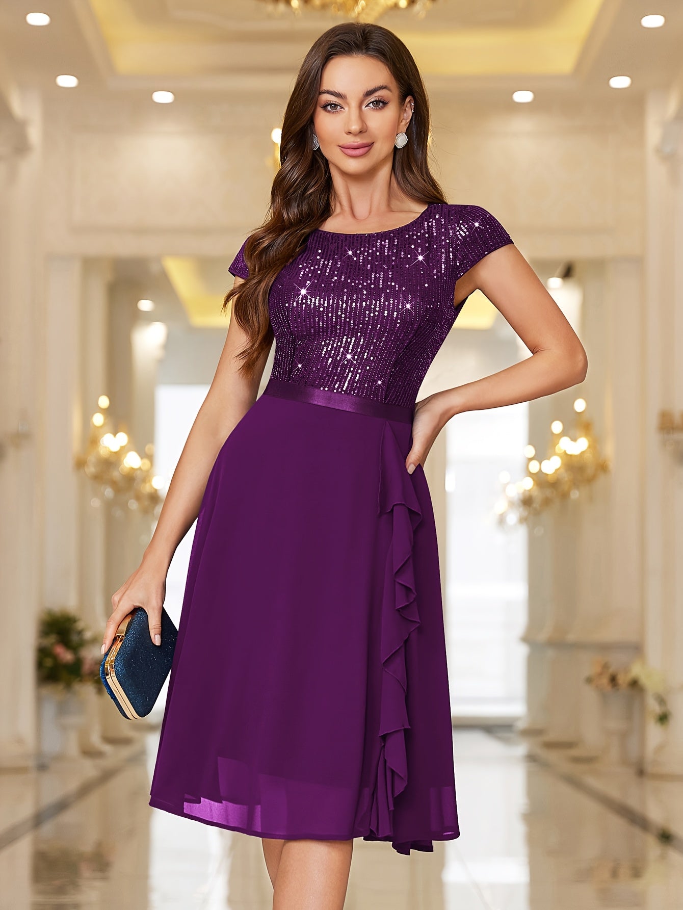 Y82016 Elegant Women's Glitter Sequin Chiffon A-Line Bridesmaid Dress with Cap Sleeves & Ruffled Hem - Sparkling Wedding Party Dress for Bridesmaids, Prom, Birthday, Formal Evening Gown - Machine Washable Chiffon