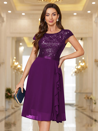 Y82016 Elegant Women's Glitter Sequin Chiffon A-Line Bridesmaid Dress with Cap Sleeves & Ruffled Hem - Sparkling Wedding Party Dress for Bridesmaids, Prom, Birthday, Formal Evening Gown - Machine Washable Chiffon