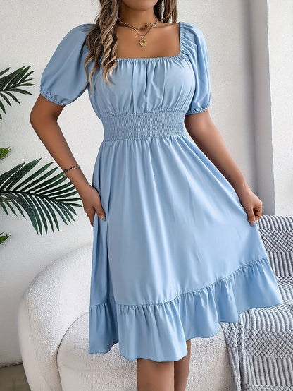 [Spring-Summer Fashion Dress] Women's 2024 Spring-Summer Fashion Square Neck Puff Sleeve A-Line Dress