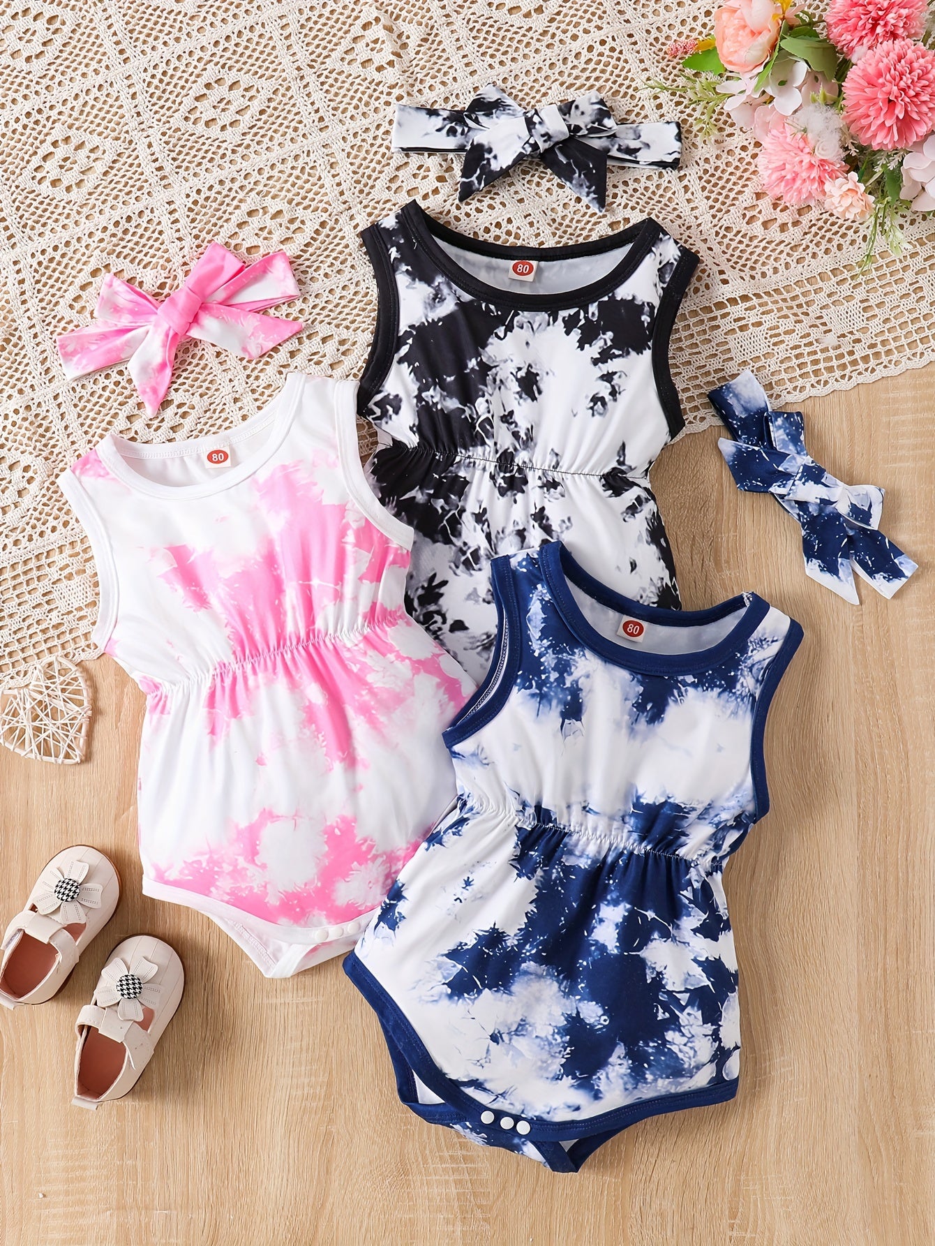 3pcs Baby'S Tie-Dye Triangle Onesie And Hairband, Comfy Casual Sleeveless Romper, Toddler And Infant Girl'S Outdoor Clothes for Summer, for Outdoor