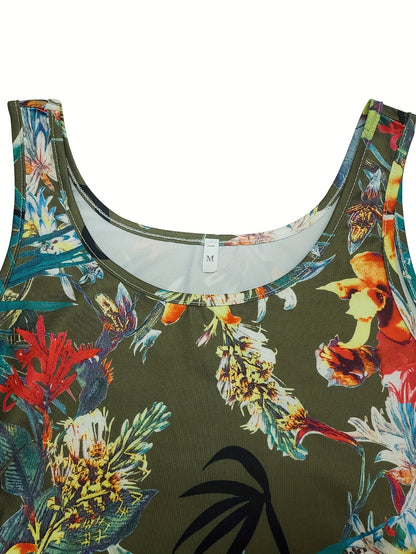 Flirty Floral Print Lace-Up Bodycon Dress - Sleeveless Midi Tank with Adjustable Front Lacing & Round Neck, Stretchy Machine-Washable Fabric for Women, Spring Summer Fall Casual to Semi-Formal Wear