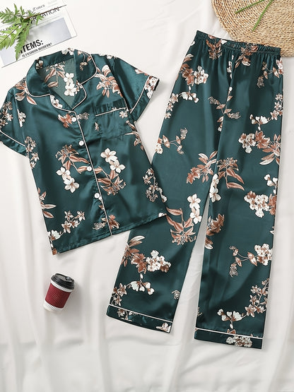 Solid Satin Pajama Set, Casual Short Sleeve Buttons Lapel Top & Shorts, Women'S Sleepwear