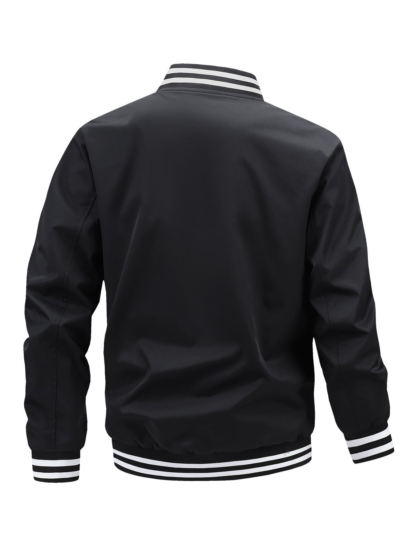 Men'S Plus Size Lightweight Varsity Jacket - Preppy Style, Baseball Collar, Button-Up, Solid Color with Striped Accents, Polyester, Machine Washable & Dry Cleanable, with Pockets, Sports Jacket|Loose Fit Jacket|Glossy Finish Jacket, PLUS SIZE