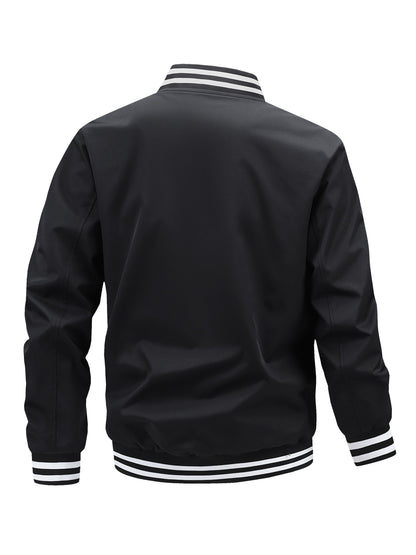 Men'S Plus Size Lightweight Varsity Jacket - Preppy Style, Baseball Collar, Button-Up, Solid Color with Striped Accents, Polyester, Machine Washable & Dry Cleanable, with Pockets, Sports Jacket|Loose Fit Jacket|Glossy Finish Jacket, PLUS SIZE