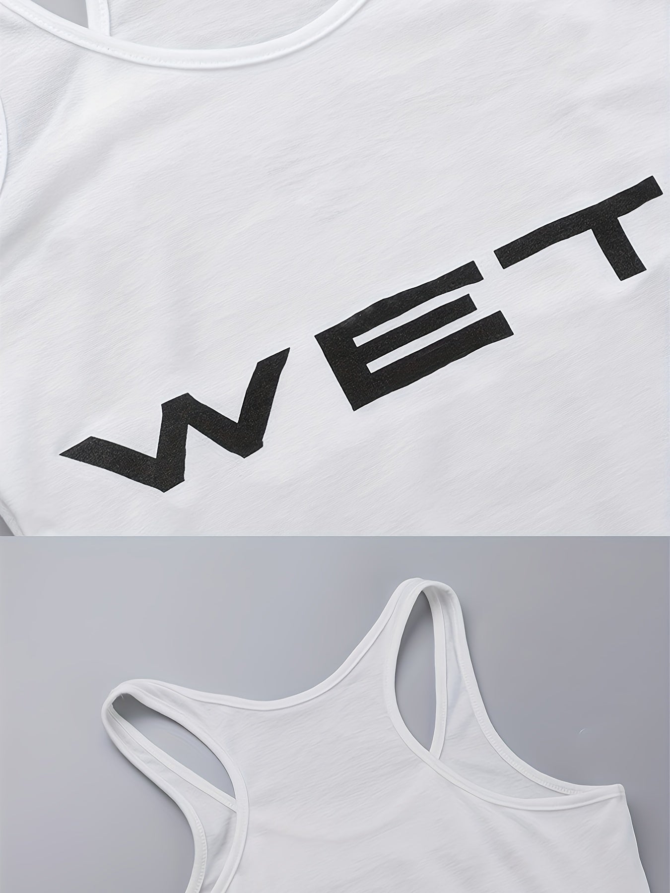 Women's Casual White Sleeveless Raw Hem Tank Romper with Bold "WET" Print Sexy Slim Fit Bodysuits