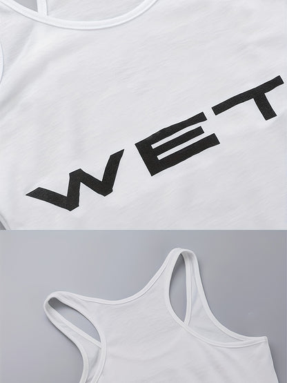 Women's Casual White Sleeveless Raw Hem Tank Romper with Bold "WET" Print Sexy Slim Fit Bodysuits
