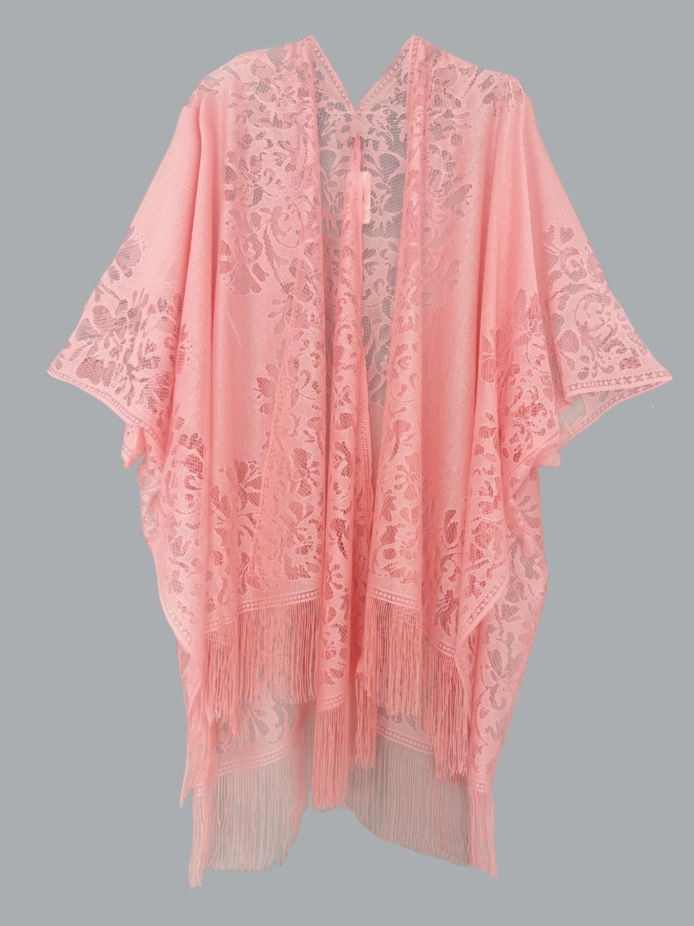 Woman's Plus Size Boho Cover Up, Lace Kimono, Women's Plus Floral Lace Batwing Sleeve Cover-Up, Open Front Tassel Trim Kimono, Lightweight Beach Cover Up