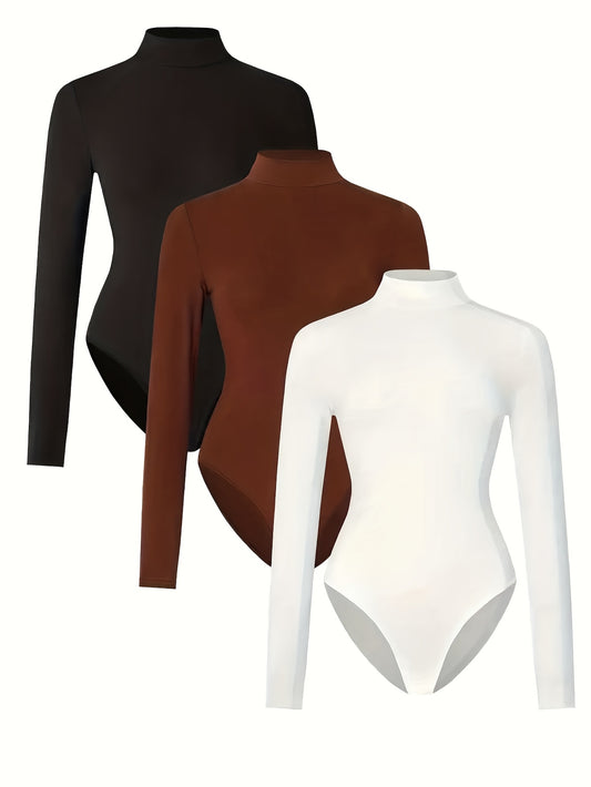 3pcs Set Women's Full Coverage High Neck Onesie Bodysuit - Button-Front Closure Long Sleeve Dance Practice Wear, Solid Color Basic T-Shirt Outfit for Layering (Non, Spring/Fall) - Slim Fit for all Body Types Available