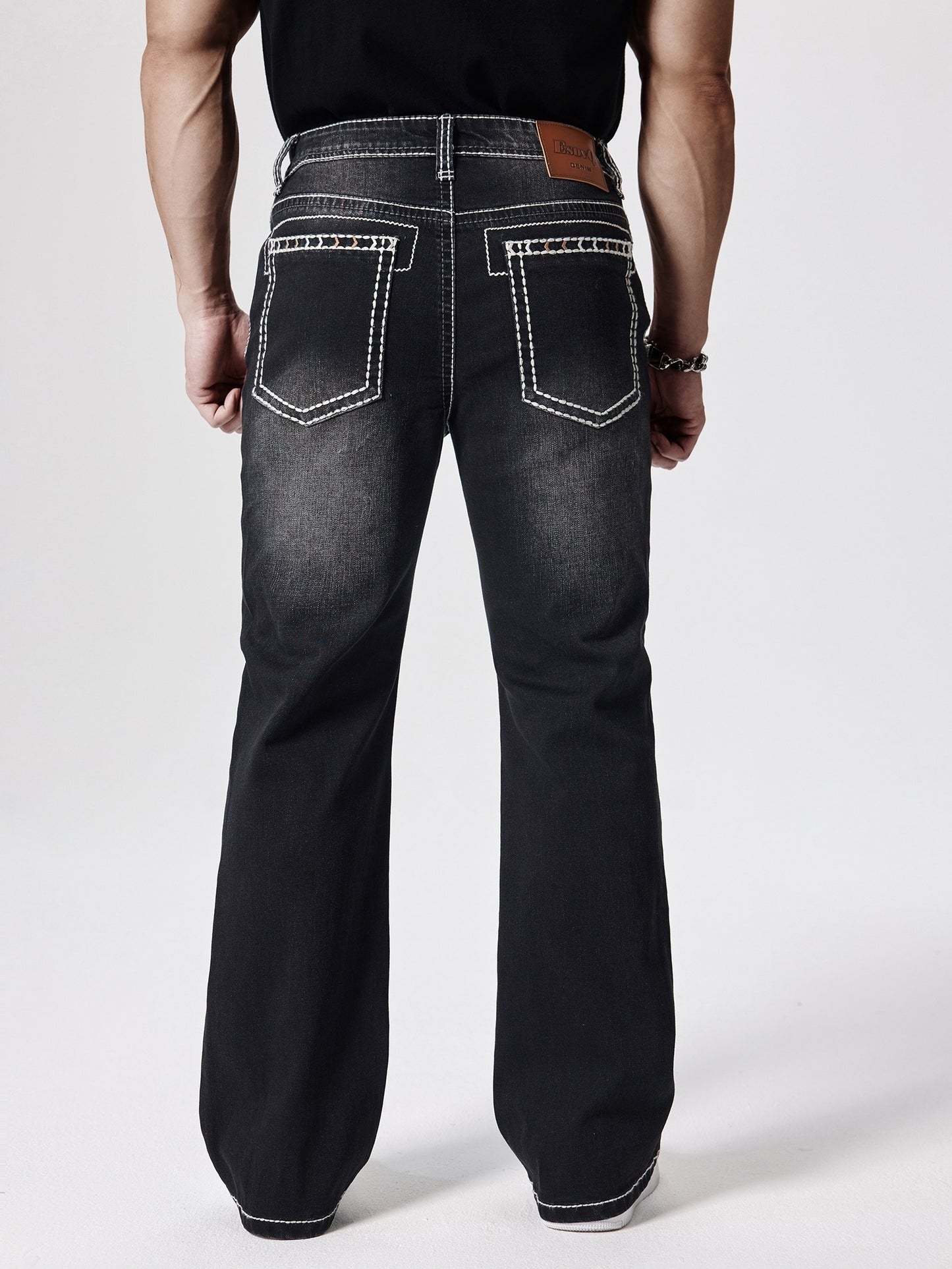 ESDVQ Men's Slim-Fit Classic Washed Denim Bell-Bottom Jeans - Mid-Stretch Machine-Washable Flared Pants with Suitable for All-Season Wear, Comfortable Stretchable Bell-Bottoms for Casual & Dressy Outfits