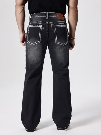 ESDVQ Men's Slim-Fit Classic Washed Denim Bell-Bottom Jeans - Mid-Stretch Machine-Washable Flared Pants with Suitable for All-Season Wear, Comfortable Stretchable Bell-Bottoms for Casual & Dressy Outfits