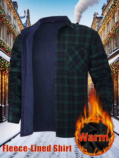 Men's Winter Flannel Plaid Shirt - Thick Warm Fleece-Lined Long Sleeve with Dual Chest Pockets, Casual Button-Up Collar for Cold Weather, Wrinkle-Resistant Soft Plaid Pattern in Navy/Red, Winter Clothes for Men, Mens Winter Clothes