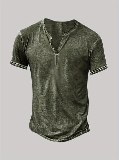 1Men'S Distressed Henley Shirt- Slim Fit Short Sleeve Button-Up T-Shirt with V-Neck& Placket Detailing, Machine Washable Casual Shirt in Olive Green, Black, Blue, Burgundy, Sporty Apparel| Athletic Style| Comfortable Tee
