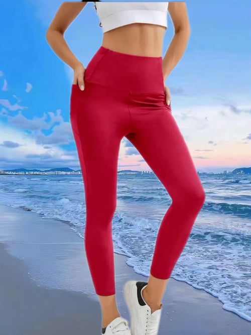 k910 Womens High-Waist Pocket Yoga Pants - Solid Color Stretch Fitness Leggings - Squat-Proof, Breathable Activewear with Secure Pockets for Convenience and Styls
