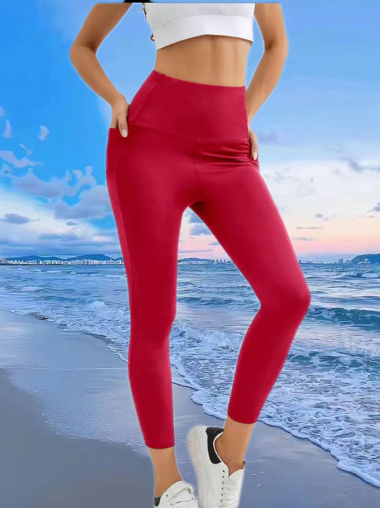 k910 Womens High-Waist Pocket Yoga Pants - Solid Color Stretch Fitness Leggings - Squat-Proof, Breathable Activewear with Secure Pockets for Convenience and Styls