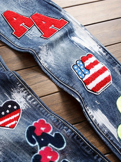Punk Trend Blue Cat Whisker Slimming Fashion Flag Badge Paint Embroidery Small Straight Men'S Jeans