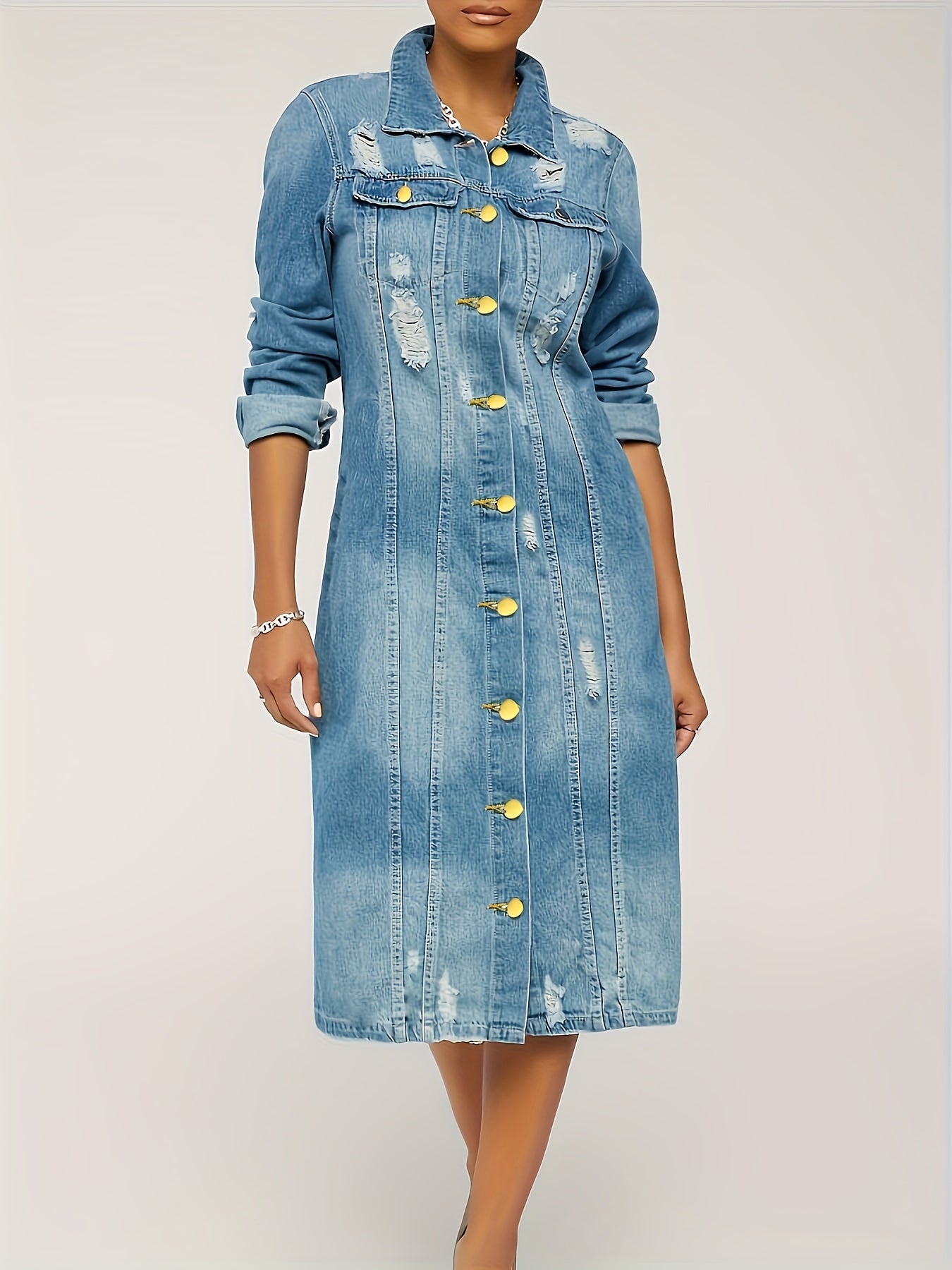 Long Denim Jacket With Worn Holes, Long Denim Trench Coat For Women