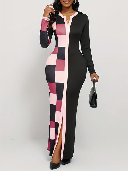 Geo Print Long Sleeve Split Dress, Casual Notch Neck Dress for Spring & Fall, Women's Clothing