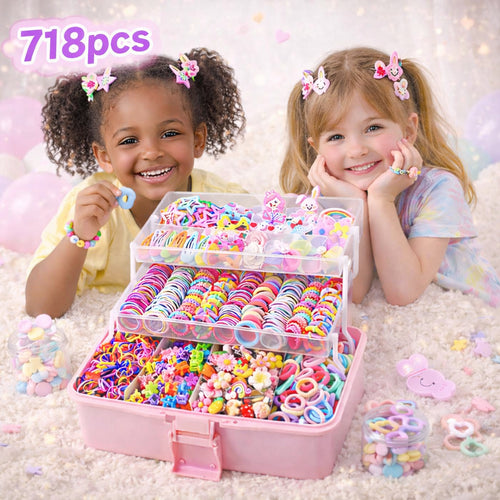 718pcs Kids Hair Additions Set, Cute Bow And Flower Clips, Colorful Elastic Hair Ties And Scrunchies, Sweet Candy Style Hair Kit for Girls, Perfect Gift for Daughter, Daily Hairstyles, All Seasons Use Hair Additions