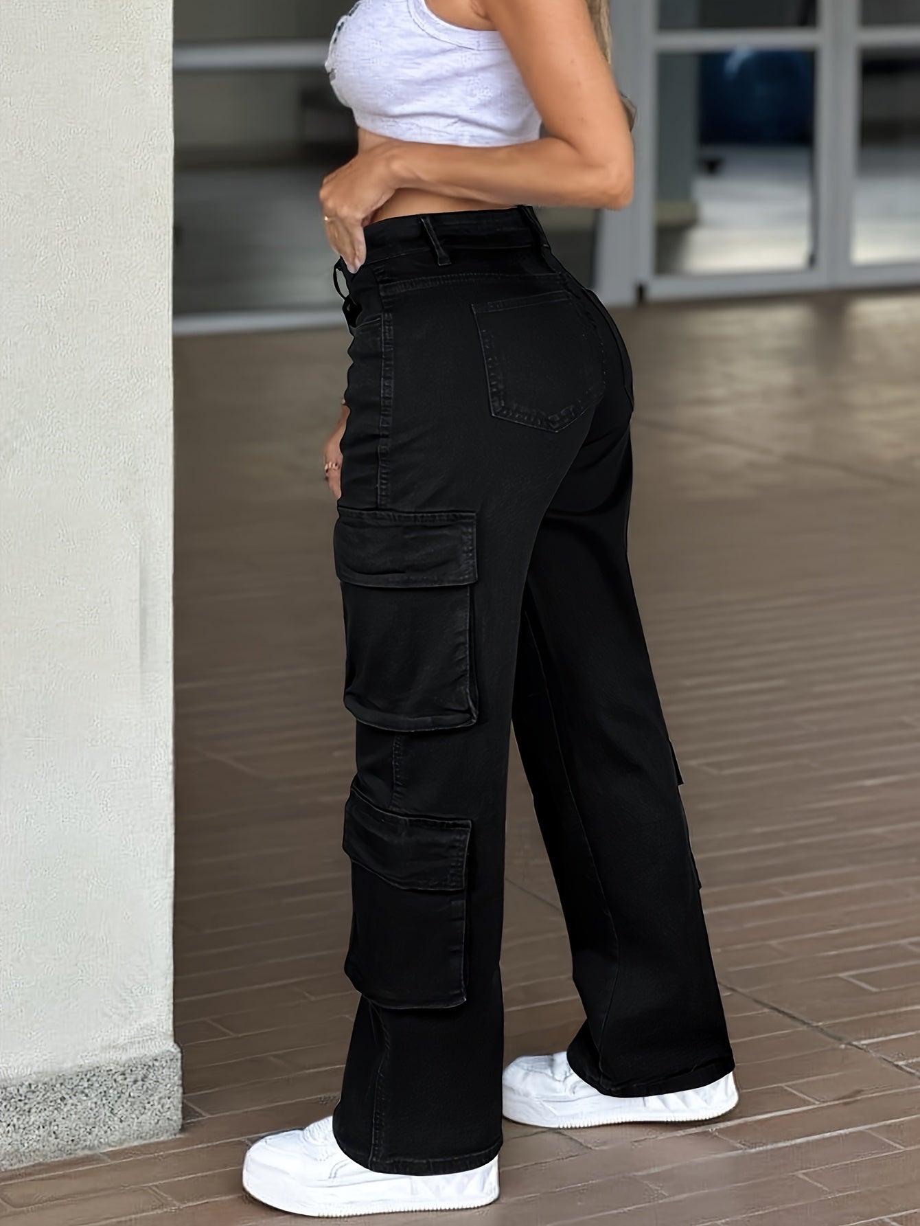 Work Pocket Straight High Waist Straight Jeans, Women's Casual Style Multi-pocket Work Jeans with Stretch And Comfort Heavy Wash Women's Jeans And Clothing