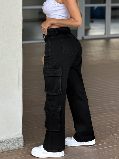 Work Pocket Straight High Waist Straight Jeans, Women's Casual Style Multi-pocket Work Jeans with Stretch And Comfort Heavy Wash Women's Jeans And Clothing
