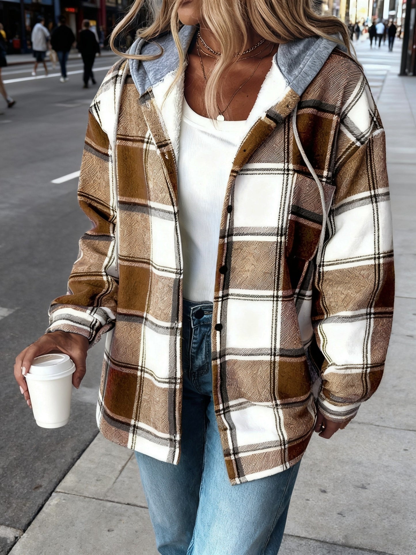 Plaid Hooded Jacket for Women Featuring a Lining, Perfect for Chilly Fall And Winter Days. It Has an Adjustable Hood And a Button-Front Closure, And Is Machine Washable. Available in Brown, Beige, White, And Black