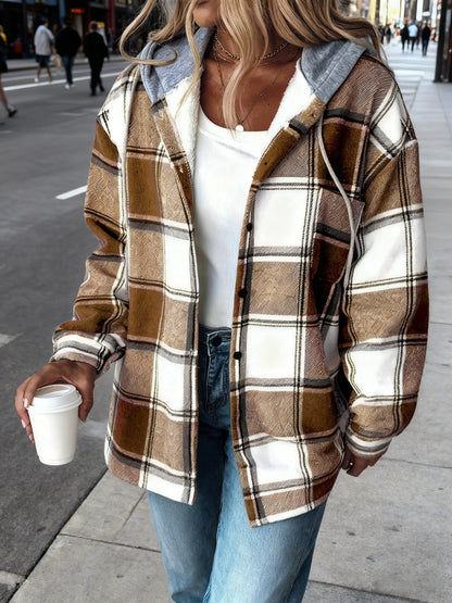 Plaid Hooded Jacket for Women Featuring a Lining, Perfect for Chilly Fall And Winter Days. It Has an Adjustable Hood And a Button-Front Closure, And Is Machine Washable. Available in Brown, Beige, White, And Black
