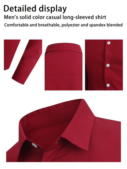 4pcs Men'S Formal Shirt Casual Shirt, Classic Button Up Long Sleeved Shirt, Solid Color Series, 97% Fiber, 3% Spandex, Skin Friendly And Breathable, Suitable For Business, Outdoor Leisure, Wedding Banquets, Dates, All Seasons