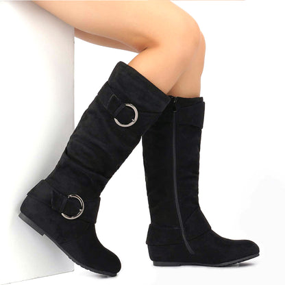 DREAM PAIRS Women's Wide Calf Knee High Boots, Fur-lined Low Hidden Wedge Boots