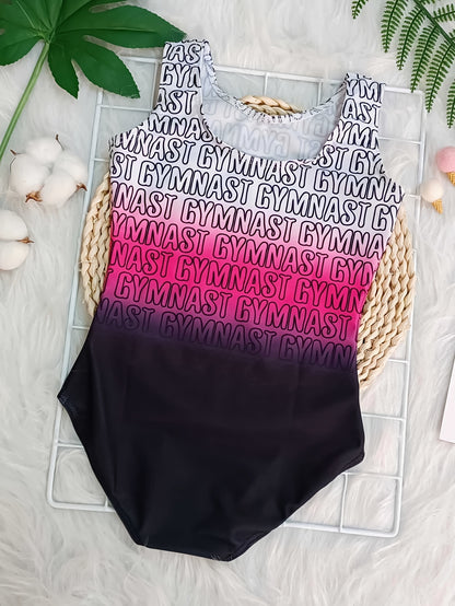 [Gymnastics Leotard Set] Girls' Gymnastics Leotard Set with Gradient Letter Print, Sleeveless Dance Leotard Bodysuit for Ballet Gymnastics Practice, Perfect for Outdoor, All Seasons, Gift for Back-to-School Season, Beach Essentials, Perfect for Outdoor