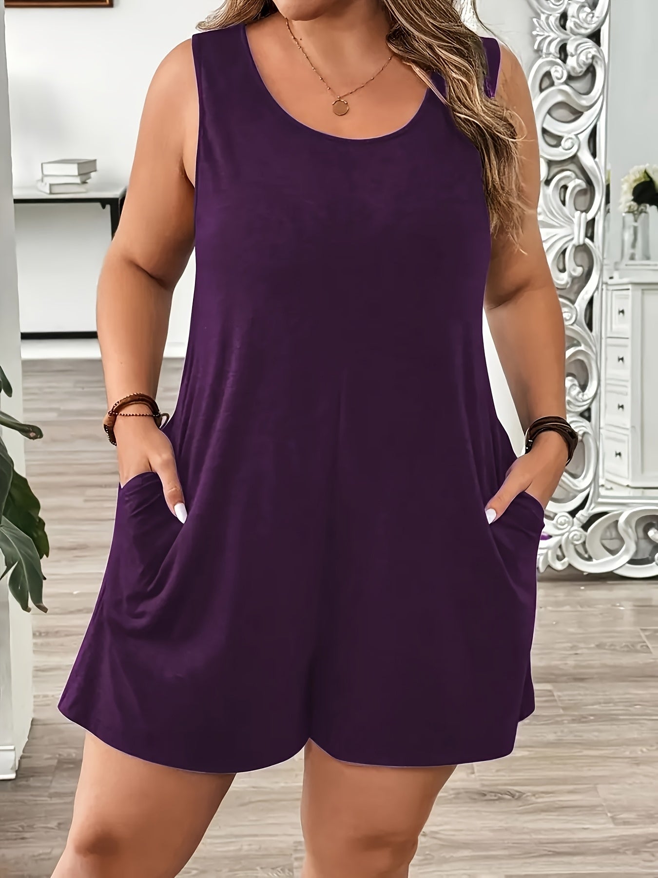 Green 3pcs Women's Plus Size Sleeveless Jumpsuit - Elegant Crew Neck, Stretchy Fabric, Pocket Detail, Ideal for Spring/Summer/Fall, Casual Wear|Elegant Sleeveless Jumpsuit|Pocketed Jumpsuit