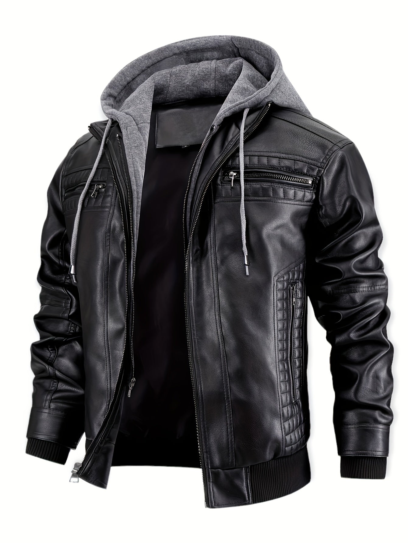 Men's Casual Stand Collar PU PU Leather Zip-Up Motorcycle Bomber Jacket with A Removable Hood ( Belt Included)