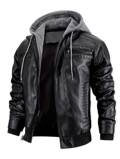 Men's Casual Stand Collar PU PU Leather Zip-Up Motorcycle Bomber Jacket with A Removable Hood ( Belt Included)
