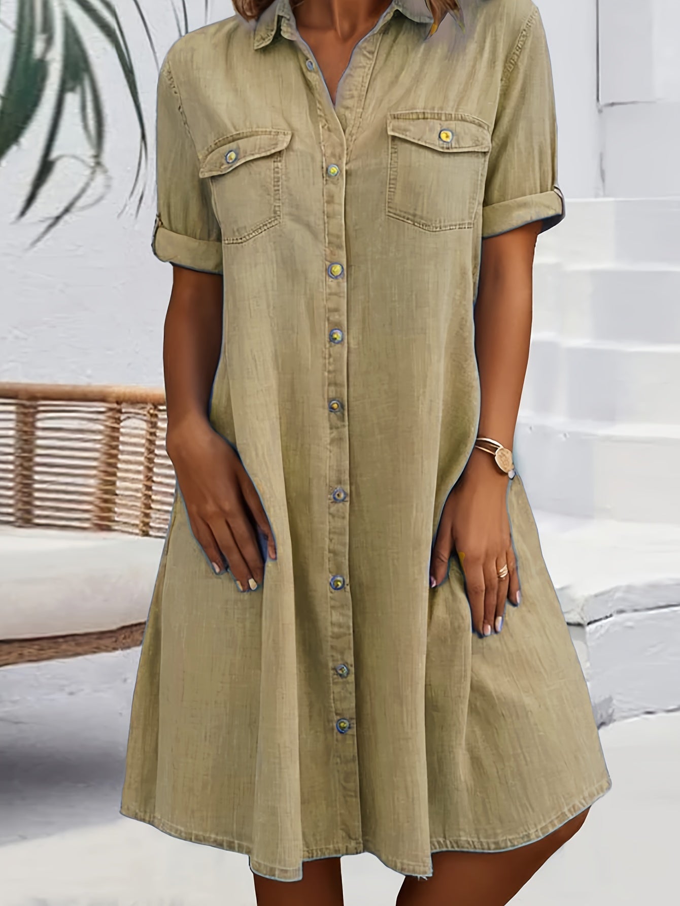 Women's Short Sleeve Shirt Collar Solid Color Buttons Midi Dress
