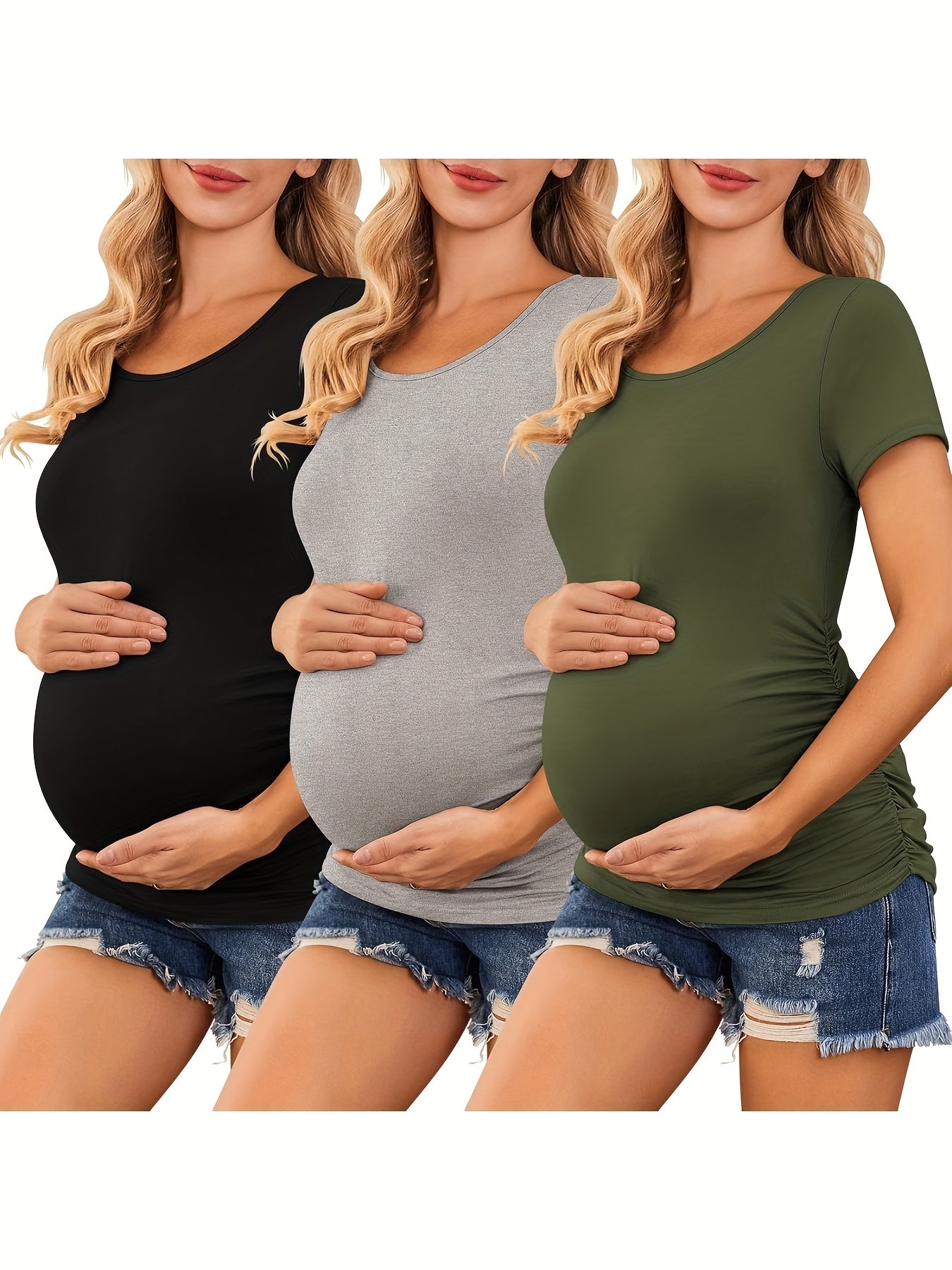 3 Packs Womens Maternity Shirts Side Ruched Pregnancy Tee Top Tunic Blouse Casual Mama Clothes