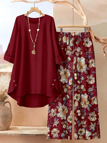 Plus Size, Plus Size - Plus Size - A Stylish 2pcs Ensemble Featuring Oversized Asymmetrical Button-Up Tops for Women, Matched with Printed Wide-Leg Trousers, Radiating Everyday Sophistication