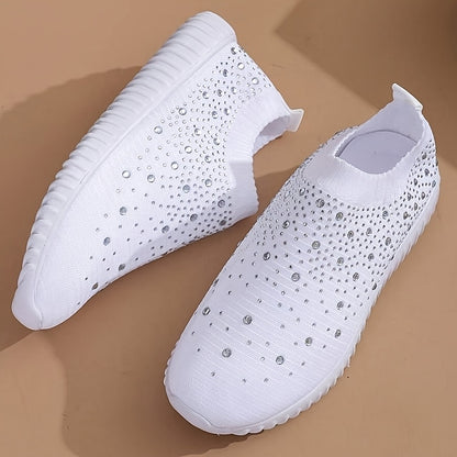 Women's Rhinestone Slip On Sneakers Sparkly Knit Walking Shoes Comfort Breathable Mesh Athletic Footwear Casual Bling Tennis Shoes Flat Loafers for Daily Wear Work Travel Trendy Lightweight Ladies