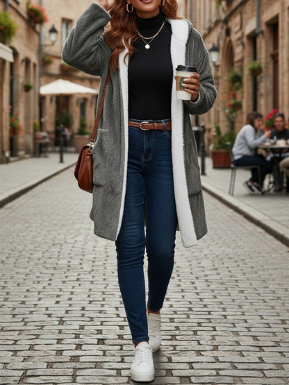 Plus Size, Plus Size Women's Autumn And Winter Casual Mid to Long Solid Color Plush Hooded Jacket