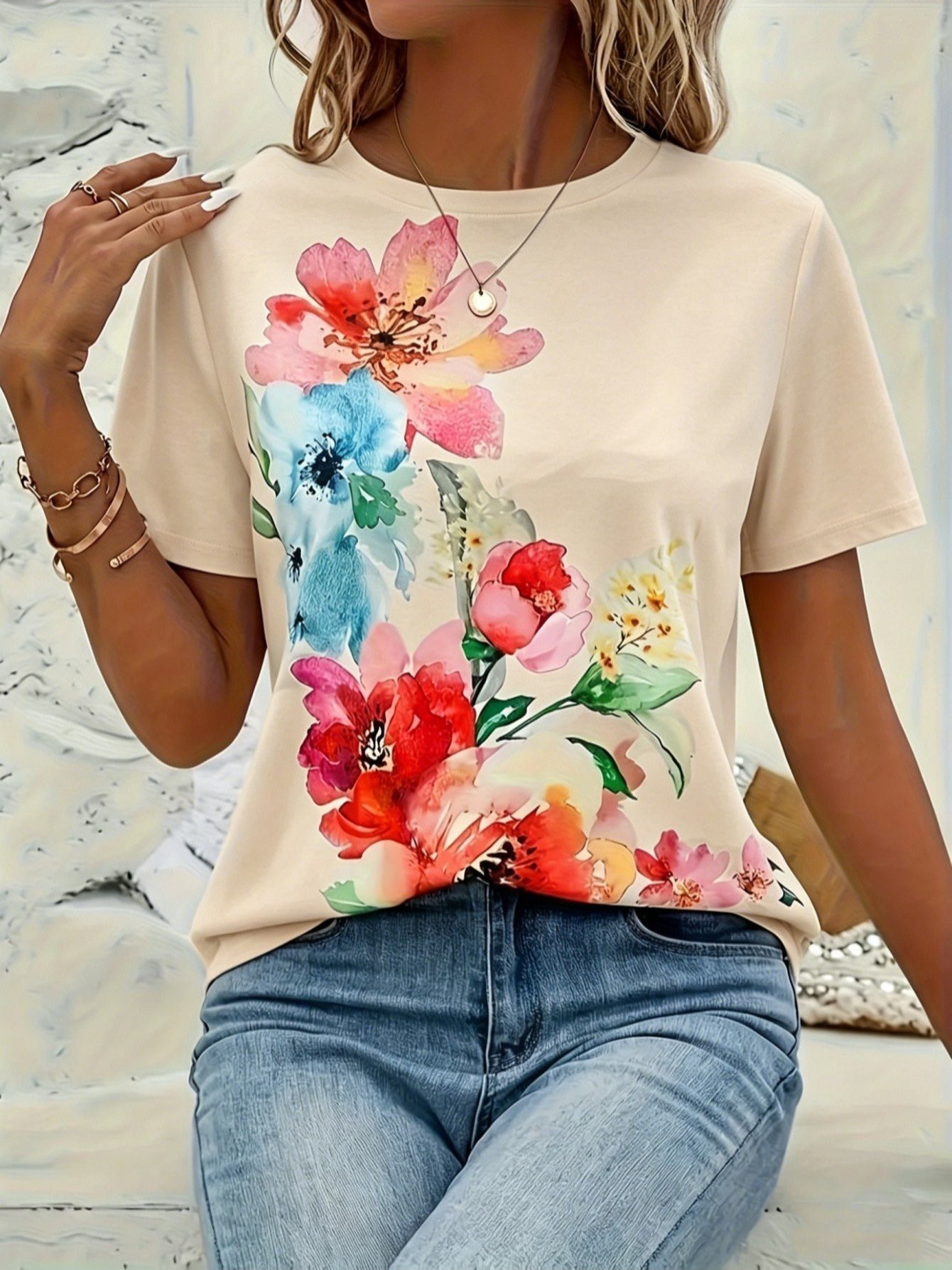 Plus Size, Women's Elegant Full-Body Floral Print T-Shirt - Short Sleeve Crew Neck Blouse, Plus Size Available, All-Season Casual & Dressy Outfits, Machine Washable Elegant Style Top