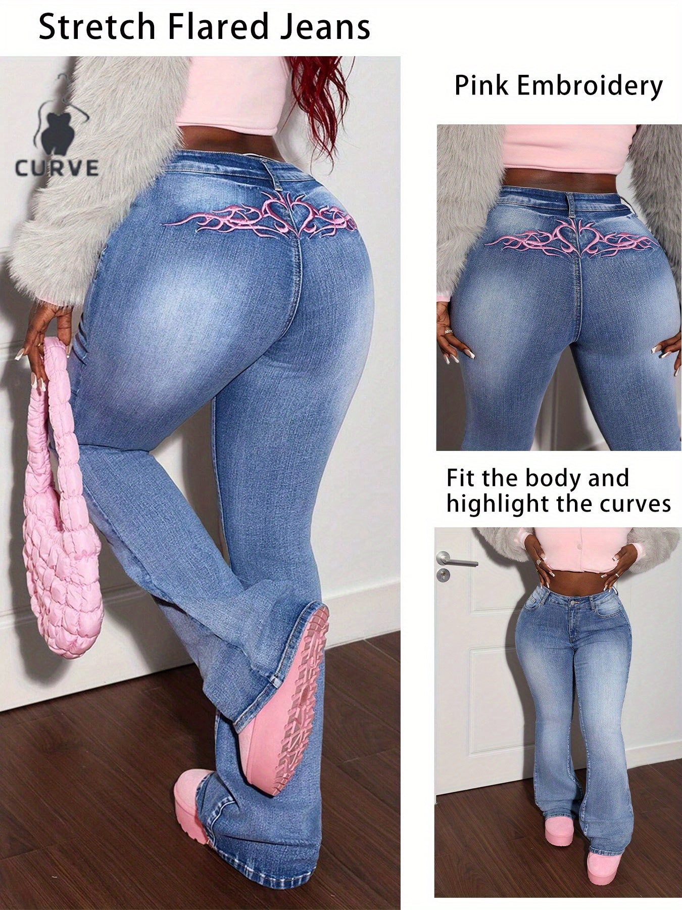 Plus Size Women's Light Blue Stretch Flared Jeans with Pink Embroidery to Highlight Your Curves