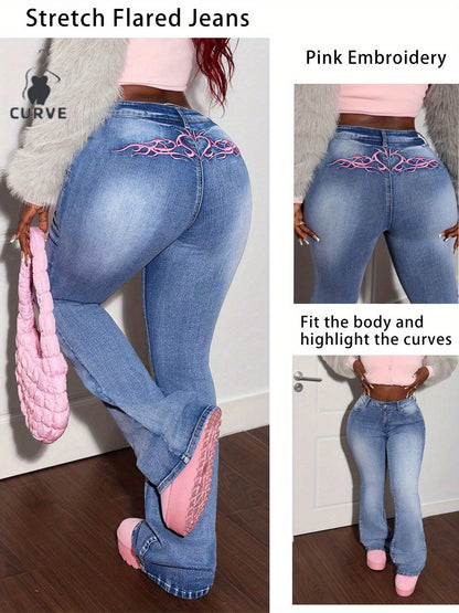 Plus Size Women's Light Blue Stretch Flared Jeans with Pink Embroidery to Highlight Your Curves