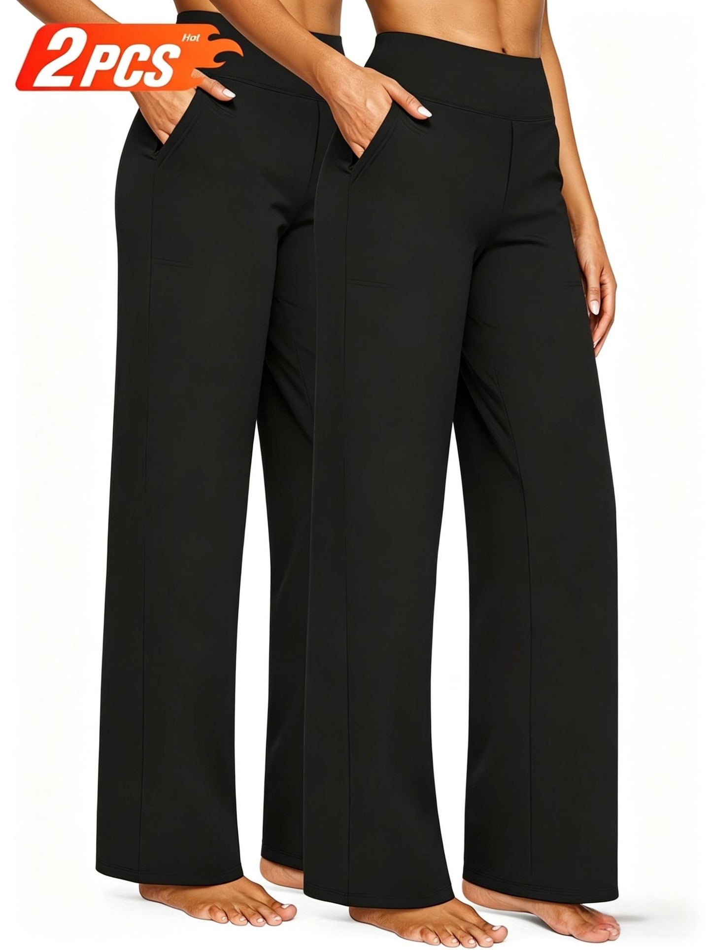 2pcs Women's High Waist Solid Color Wide Leg Pants with Double Pockets, Butt Lifting Slim Fit Trousers, Lightweight Breathable Skin-Friendly Fabric, Versatile for Office Work Daily Streetwear