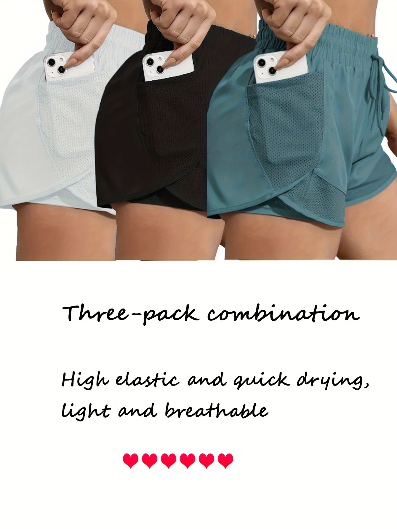 FOEIERAA Fashionable Ladies 3pcs Set Of Yoga Sports Shorts, Fake Two-piece High-waist Sports Shorts, High Elastic And Quick-drying, Light And Breathable, Suitable For Running, Yoga, Cycling, Fitness, Studio, Casual Outing, Daily Outfit, Suita