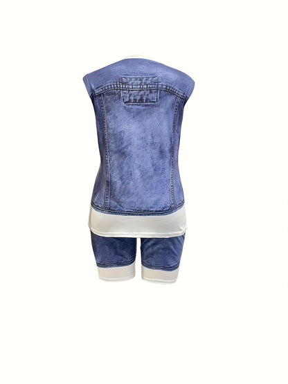 [Printed Pants - Not Denim Fabric] [Denim Print/ Denim Imitation]Women's Full-body Denim Imitation Print Two-piece Set. Loose Casual Sleeveless Top with Fitted Shorts. Round Neck Loose Top + Tight Shorts Set.